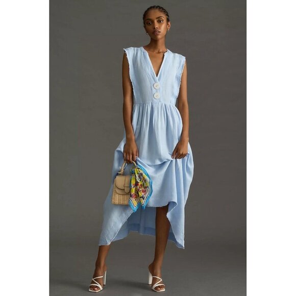 Anthropologie Dresses & Skirts - Maeve By Anthropologie V-Neck Apron Dress Blue Linen Blend New Boho Breezy Midi